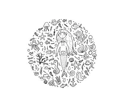 Vector circle composition of sea elements. Set of vector sketch of underwater Ilustración de archivo