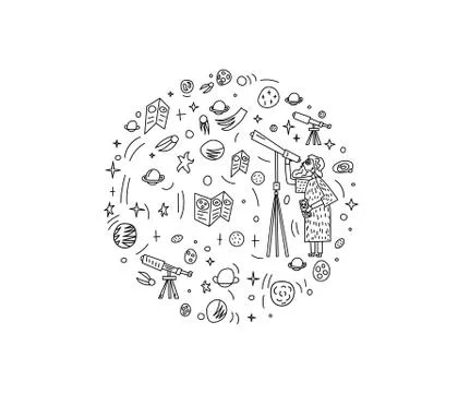 Vector circle design of astronomer and astronomic objects. Stock Illustration