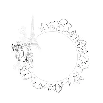 Vector circle flowers frame, template of Eiffel Tower. Magnolia springtime イラスト素材