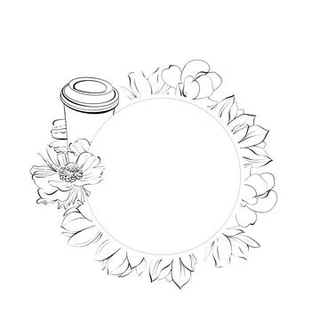 Vector circle frame coffee cup and macaroons. French pastry dessert. Paris cafe Stock Illustration