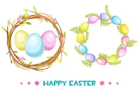 Vector circle frame with Easter eggs and tree branch, Happy Easter wreath Stock Illustration