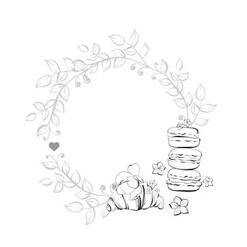 Vector circle frame french croissant and macaroons. French pastry dessert. Paris Stock Illustration