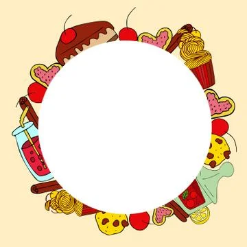 Vector circle frame with hand drawn sweet things. Illustrazione stock