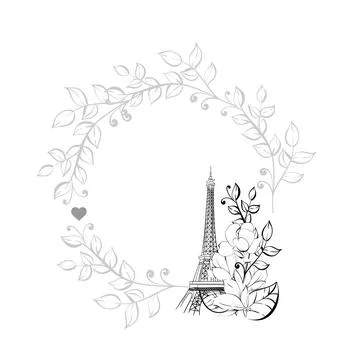 Vector circle frame, template of Eiffel Tower and flower. Magnolia springtime Stock Illustration