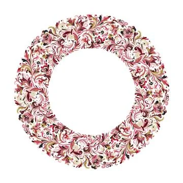Vector circle frame, wreath design made of doodle flowers. Circle decoration Stock Illustration