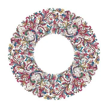 Vector circle frame, wreath design made of doodle flowers. Circle decoration Иллюстрация