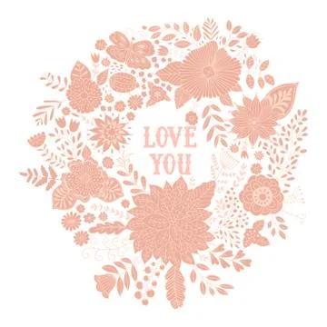 Vector circle frame, wreath design made of doodle flowers. 스톡 일러스트