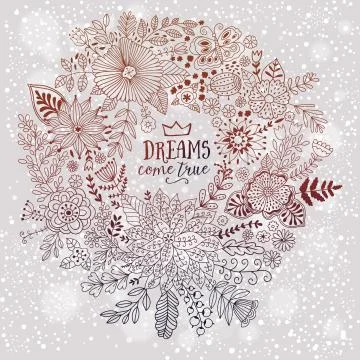 Vector circle frame, wreath design made of doodle flowers. 스톡 일러스트
