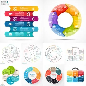 Vector circle infographic set. Business diagrams, arrows graphs, linear Stock Illustration