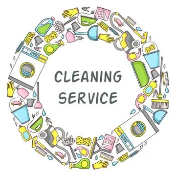 Vector circular doodle  illustration of cleaning equipment Stock Illustration