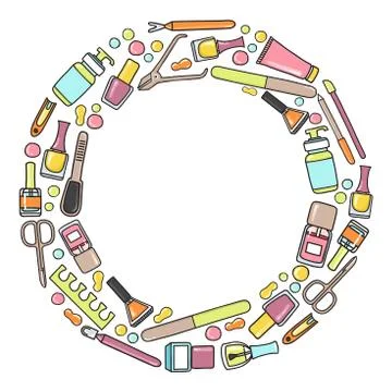 Vector circular doodle  illustration of manicure and prdicure eq Stock Illustration