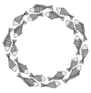 Vector circular drawing of a fish. Vector doodle fish template with a pattern of Stock Illustration