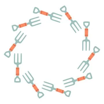 Vector circular frame made of garden forks. Clean flat illustration on white Stock Illustration