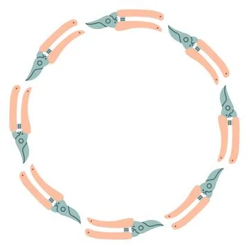 Vector circular frame made of garden pruner. Flat minimal illustration on white Stock Illustration