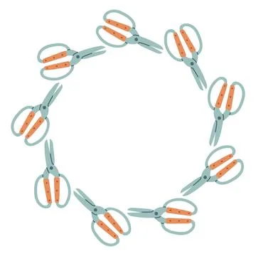 Vector circular frame made of garden scissors. Flat minimal illustration on Stock Illustration