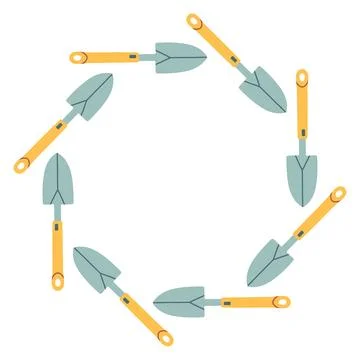 Vector circular frame made of gardening trowels. Flat cartoon illustration on Stock Illustration