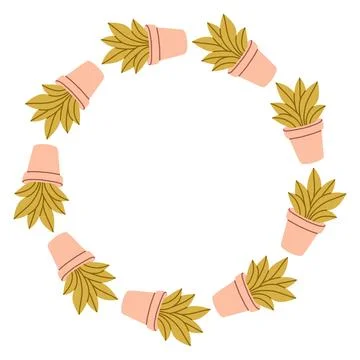 Vector circular frame made of potted houseplants. Minimal flat illustration on Stock Illustration
