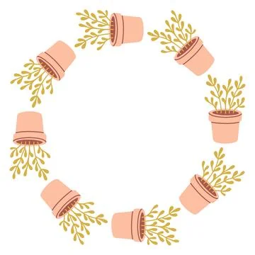 Vector circular frame made of small potted plants with delicate branches Stock Illustration
