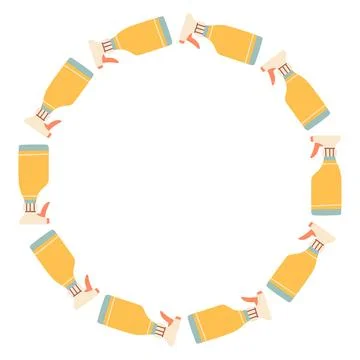 Vector circular frame made of yellow spray bottles. Flat minimal illustration Stock Illustration