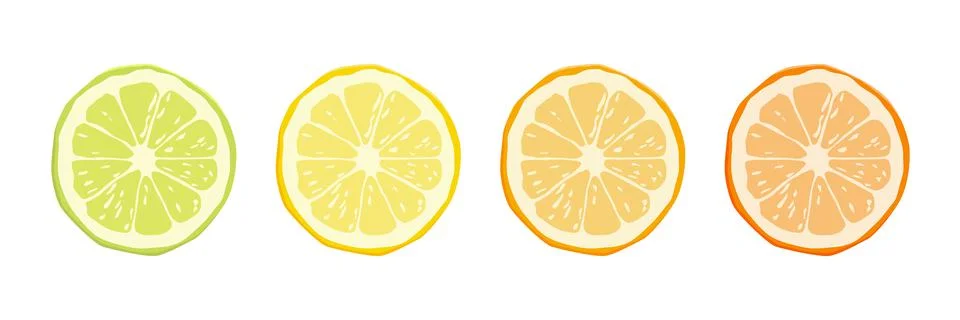 Vector Citrus Fruit Icon Set - Yellow Lemon, Green Lime, Orange Mandarin Stock Illustration