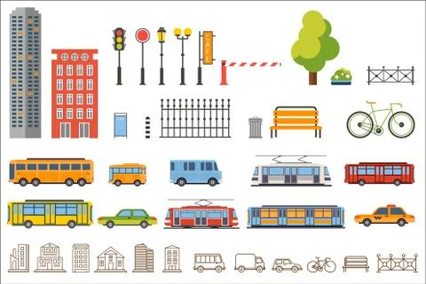 Vector city constructor design buildings, road equipment, transport, park イラスト素材