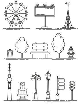 Vector city elements outline isolated icons set Stock Illustration