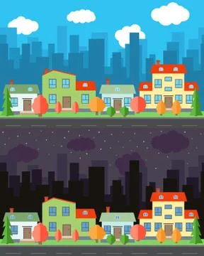 Vector city with four cartoon houses and buildings in the day and night Stock Illustration