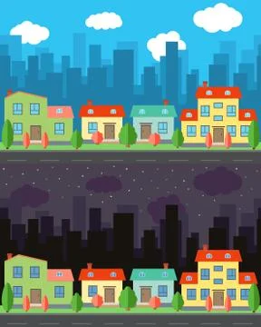 Vector city with four one and two-story cartoon houses in the day and night Stock Illustration
