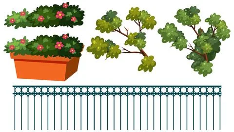 Vector City Garden Elements with Potted Flowers and Metal Fence Illustrazione stock