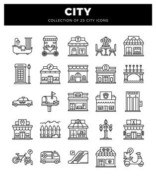 Vector city icons featuring buildings. vehicles. and amenities. Ilustración de archivo