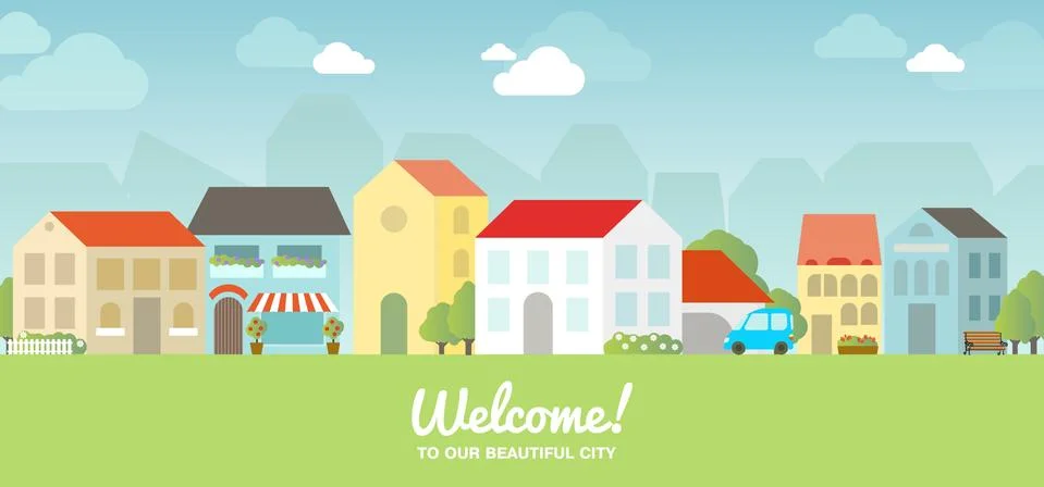 Vector city illustration in flat simple style, houses and buildings on Stock Illustration