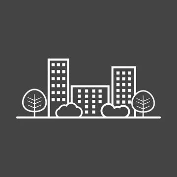 Vector city illustration in flat style. Building, tree and shrub on grey back Ilustración de archivo