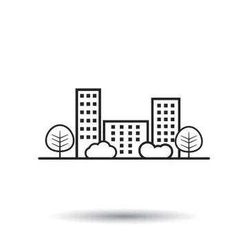 Vector city illustration in flat style. Building, tree and shrub on white bac Ilustración de archivo