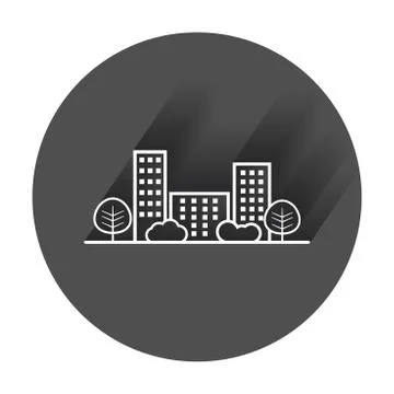 Vector city illustration in flat style. Building, tree and shrub with long sh Stock Illustration