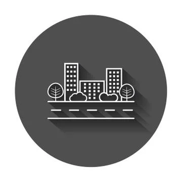 Vector city illustration in flat style. Building, tree and shrub with long sh Stock Illustration