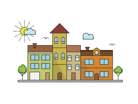 Vector city landscape illustration in linear style. Buildings and clouds Stock Illustration