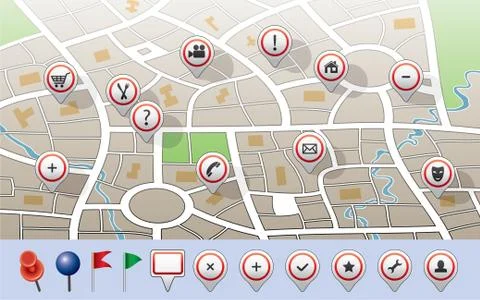 Vector city map with GPS icons Stock Illustration