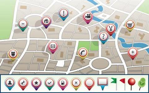 Vector city map with GPS icons Stock Illustration
