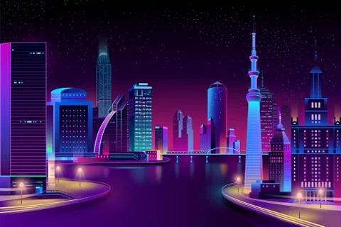Vector city, megapolis on river at night. Stock-Illustration
