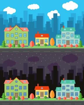 Vector city with one and two-story cartoon houses in the day and night Stock Illustration