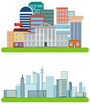 Vector city skyline banners set with colorful buildings hotel bank cafe Stock Illustration