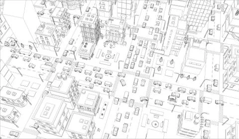 Vector city streets Intersection outline. Buildings and road traffic top view Stock Illustration