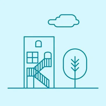 Vector city thin line office building with tree and cloud. Town business real Stock Illustration
