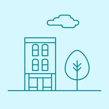 Vector city thin line office building with tree and cloud. Town business real Illustrazione stock