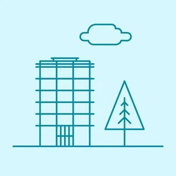 Vector city thin line office building with tree and cloud. Town business real Stock Illustration