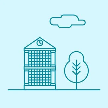 Vector city thin line office building with tree and cloud. Town business real Illustrazione stock