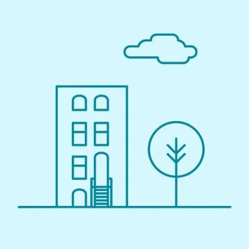 Vector city thin line office building with tree and cloud. Town business real Stock Illustration