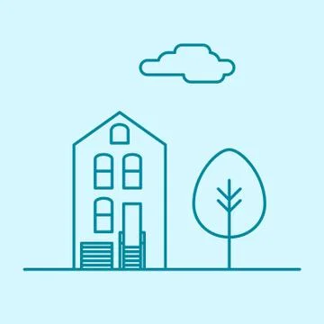 Vector city thin line office building with tree and cloud. Town business real Stock Illustration