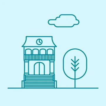 Vector city thin line office building with tree and cloud. Town business real Stock-Illustration