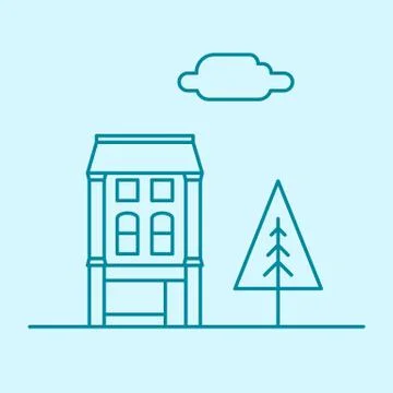 Vector city thin line office building with tree and cloud. Town business real Stock Illustration